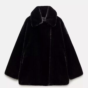Zara Elegant Black Faux Fur Coat size xs-s